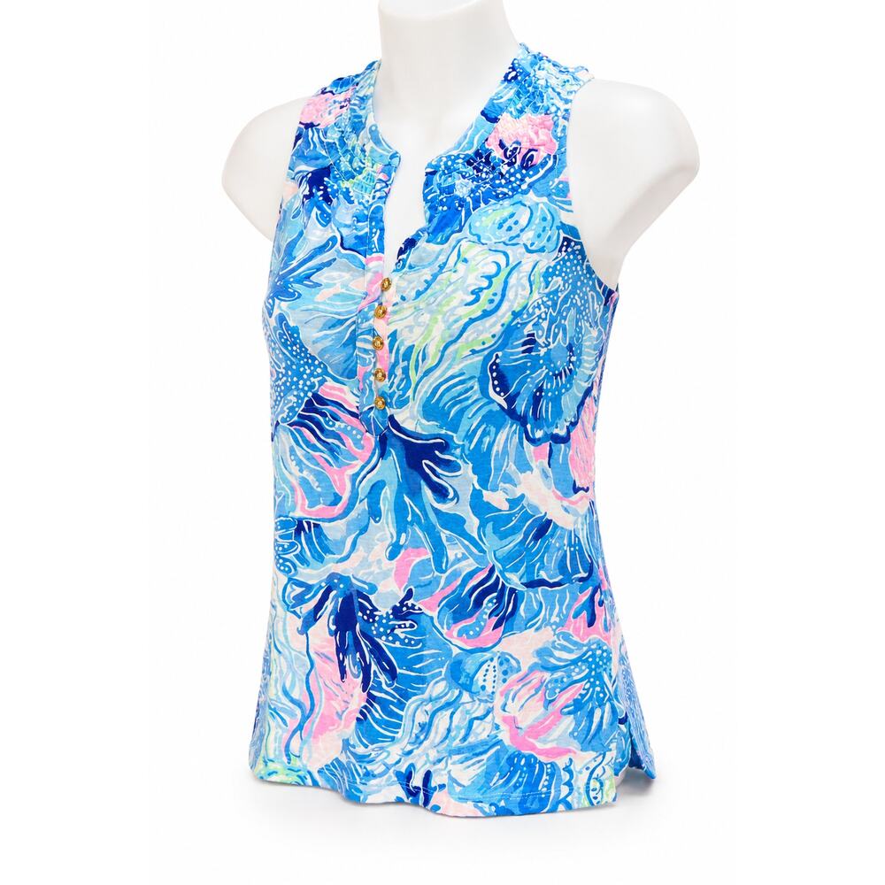 Lilly Pulitzer Elsa Top XS Blue Pink Coral Reef Sea Life Print 100% Cotton
